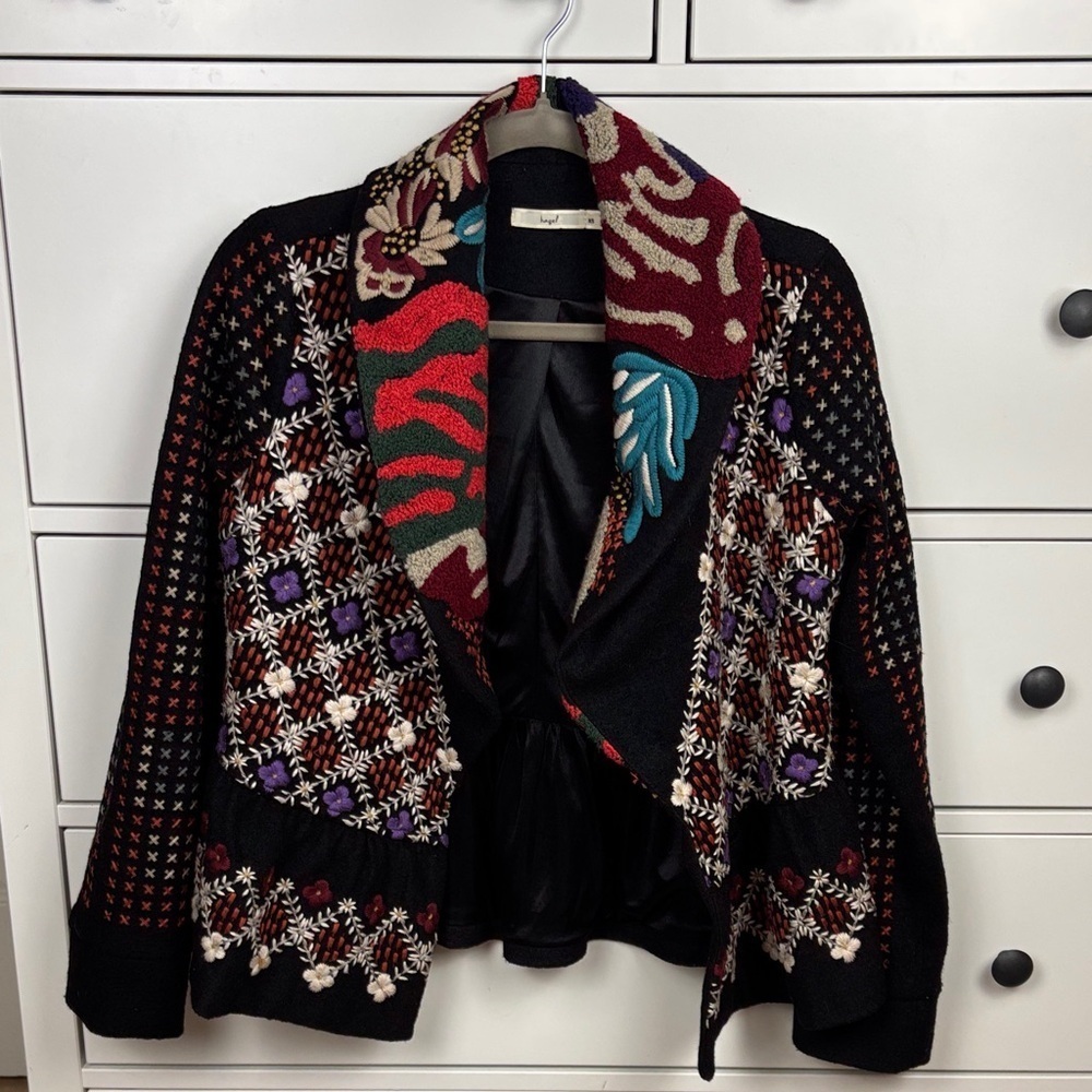 Anthropologie Hazel Black Floral Embroidered Wool Blend Coat - XS